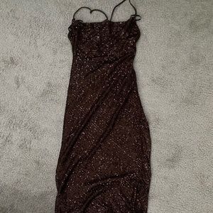 Long formal brown dress, the straps make an X in the back.